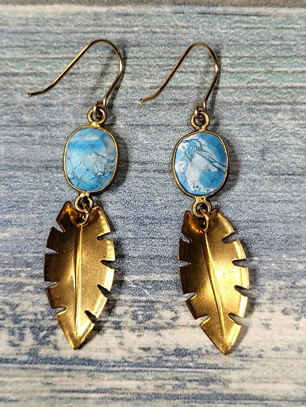 Gold Palm Leaves Drop Earrings with Blue Stone